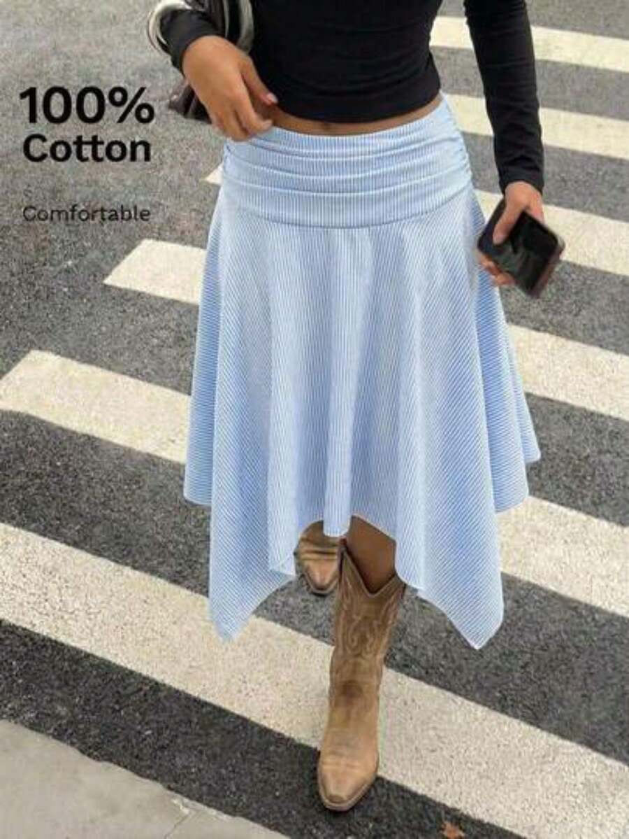 Falda midi plisada con bajo asimétrico, nueva de primavera/verano, 100% algodón, conjunto retro Y2K - Azul y blanco - Ver 1