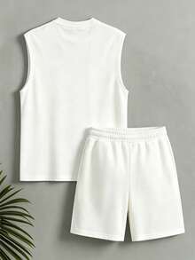 Men's Summer Round Neck Casual Tank Top And Shorts Set - White - View 6