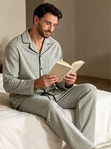 2PCS Men's Spring/Autumn Thin Striped Loose Long Sleeve Pants, Casual Home Wear, Suitable For Outdoor - Multicolor - View 5