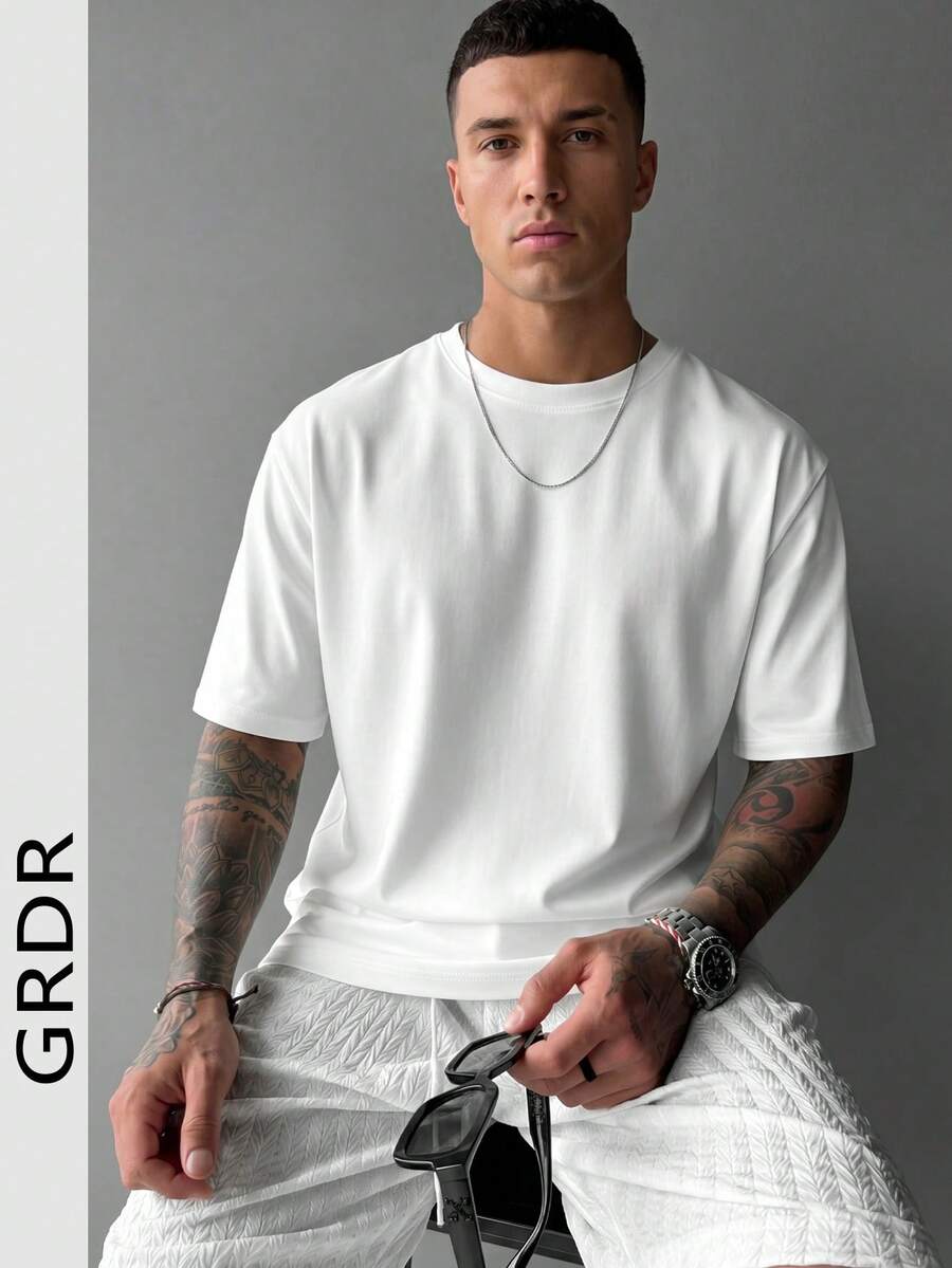 GRDR Men's Solid Color Fashionable Versatile Outdoor Casual Short Sleeve T-Shirt, Spring/Summer New Arrival - White - View 1