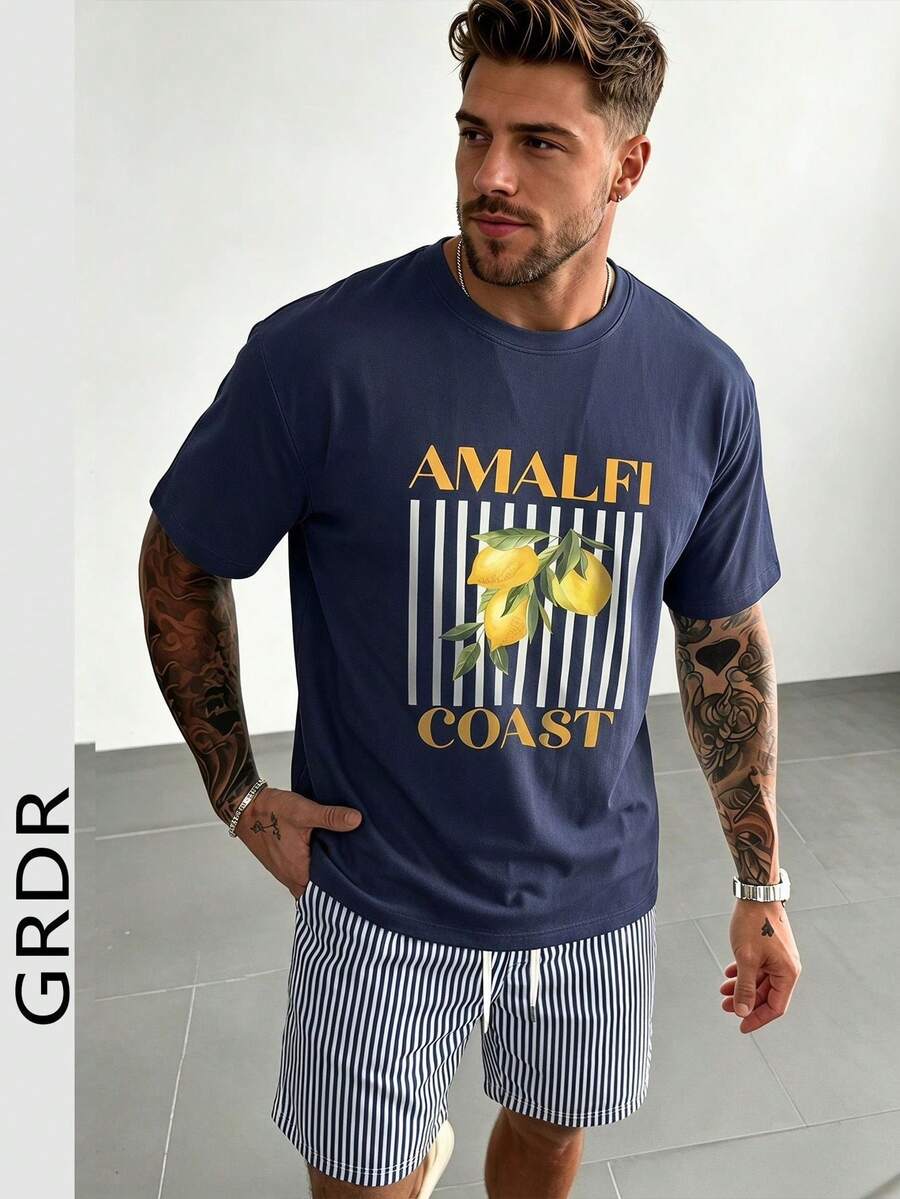 طقم كاجوال رجالي من GRDR يتكون من تي شيرت برقبة طاقم وأكمام قصيرة وشورت برباط - أزرق بحري - مشاهدة 1