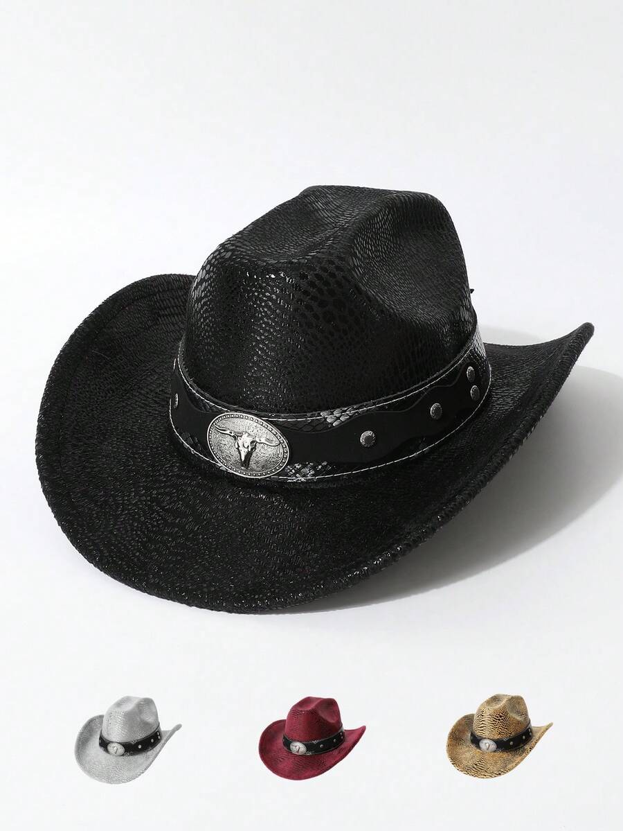 1pc Women's High-Quality Faux Crocodile Embossed Cowhide Leather Band Hat, European & American Style Western Cowboy Hat, Fashionable Minimalist Versatile Jazz Hat, Suitable For Daily Wear, Party, Western Themed Events, Gatherings, Cosplay, Graduation Ceremony, Masquerade Ball, Holiday, Birthday Celebration, Concert - Top Hat - View 1