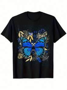 Vibrant Monarch Butterfly Print, Lightweight And Breathable, Short Sleeve, Round Neck, Casual T-Shirt For Everyday Wear, Outdoor Sports, Spring/Summer/Autumn, Sizes XL - 5XL - 黑色 3 - 查看 1