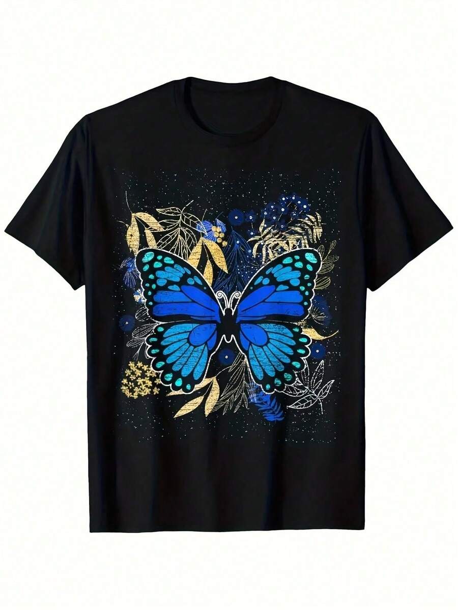 Vibrant Monarch Butterfly Print, Lightweight And Breathable, Short Sleeve, Round Neck, Casual T-Shirt For Everyday Wear, Outdoor Sports, Spring/Summer/Autumn, Sizes XL - 5XL - 黑色 3 - 查看 1