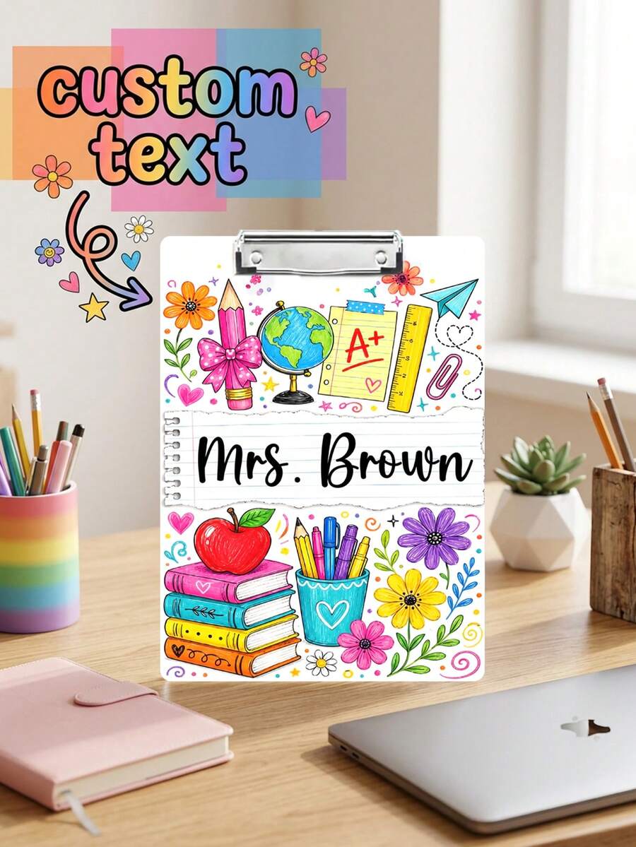 1pc Custom Teacher Name Clipboard, Personalized Teacher Clipboard, Colorful School Illustration,Teacher Appreciation Gift, Back To School,End Of Year,Gift For Preschool Elementary Educators,Desk Keepsake,Metal Clip - Multicolor - View 1