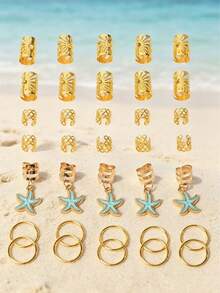 35/70 pièces Élastiques à cheveux série étoile de mer océan pour filles, ensemble d'anneaux à cheveux en alliage de style bohème vintage, convient pour la plage et les scènes de vacances - Multicolore - Voir 3
