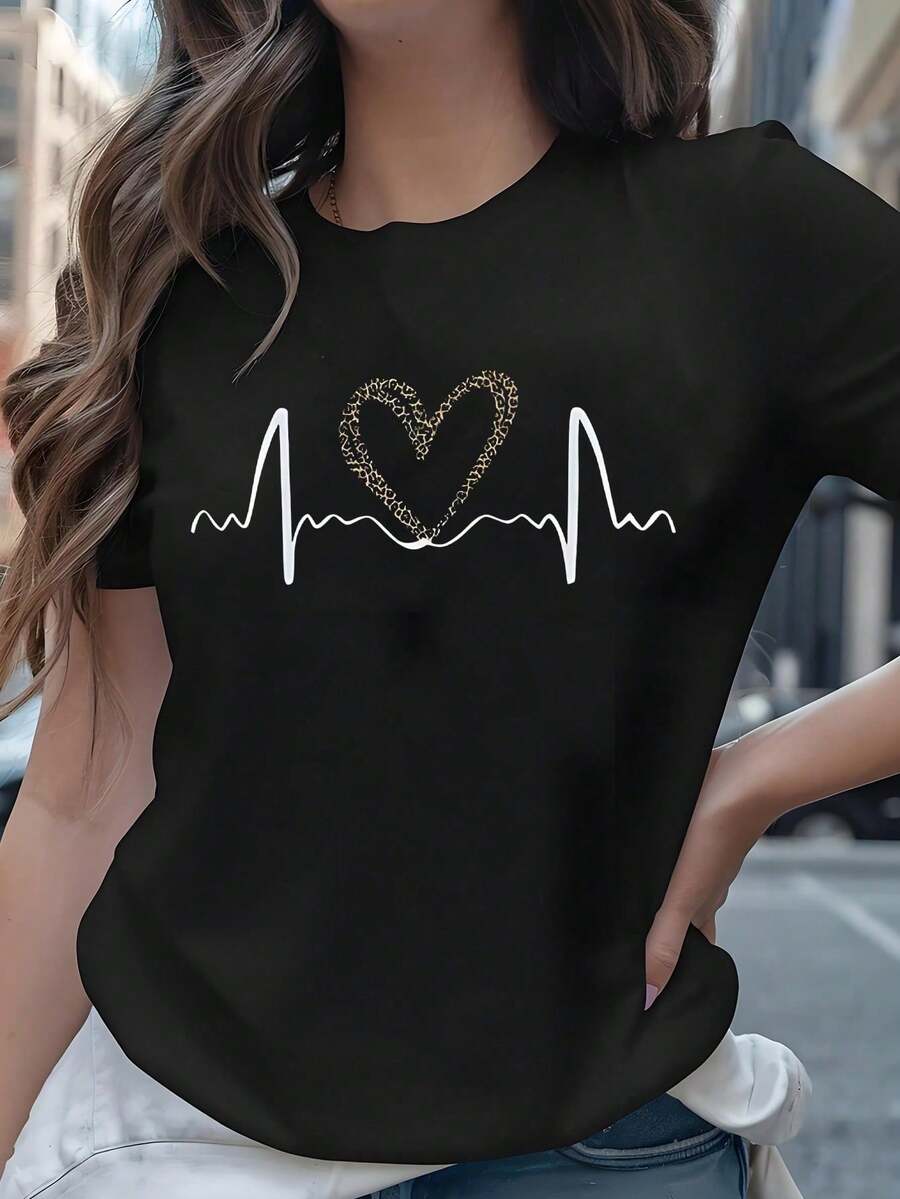 Women's Black T-Shirt With Leopard Heart Graphic And Heartbeat, Aesthetic Style T-Shirt With Electrocardiogram Line Short Sleeve, Casual Urban Fashion Blouse - 黑色 - 查看 1