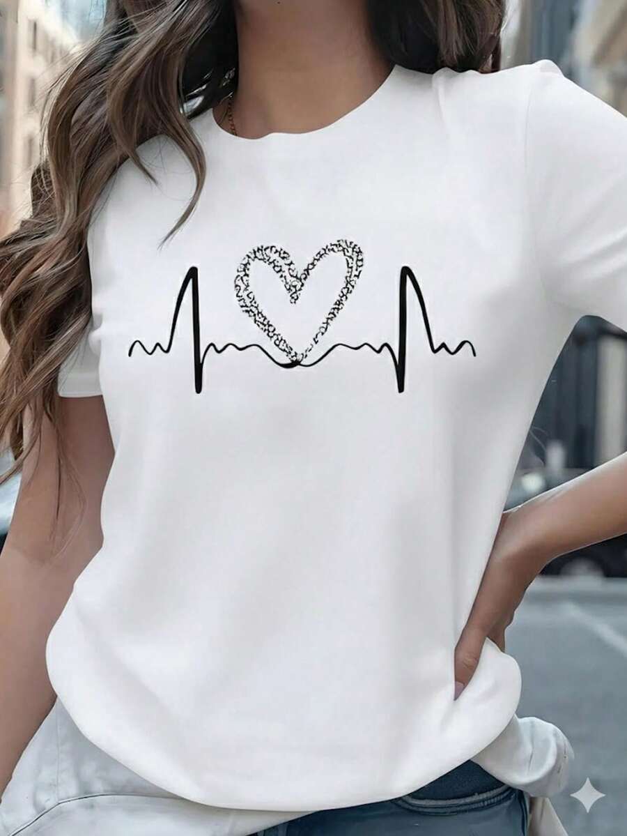 Women's Black T-Shirt With Leopard Heart Graphic And Heartbeat, Aesthetic Style T-Shirt With Electrocardiogram Line Short Sleeve, Casual Urban Fashion Blouse - 白色的 - 查看 1