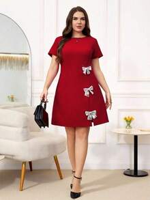 Reflora Vestido casual elegante de moda con decoración de lazo de strass de talla grande - Rojo - Ver 9