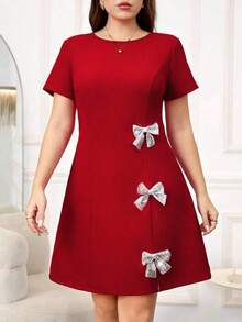 Reflora Vestido casual elegante de moda con decoración de lazo de strass de talla grande - Rojo - Ver 11