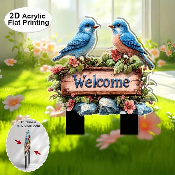 2D Flat Design, Blue Bird Garden Welcome Sign, Featuring Blue And Red Floral Patterns - Durable Acrylic Outdoor Decor, Easy To Install On The Ground, Suitable For Porch, Yard