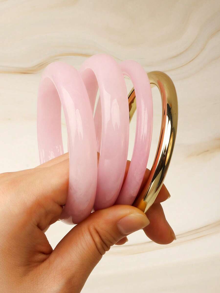 4pcs Pink Sweet Style Women's Bracelet Set, Stackable Or Wearable Individually Round Gradient Bangle, Suitable For Daily Versatile Wear - Pink - View 1