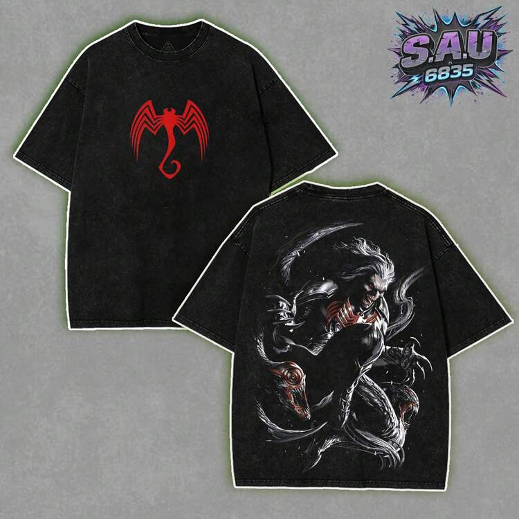 Knull, The God Of Symbiotes And King In Black T-Shirt, Printed, Oversized, Lightweight, Acid Washed, With TV Superhero Graphics, Cotton, Gift For Comic Book And Movie Lovers - 黑色 - 查看 1