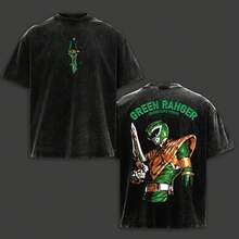 Camiseta de Algodón Estilo Streetwear con Diseño Gráfico de la Serie de TV Power Rangers, Edición Green Ranger, Doble Estampado, Talla Grande, Ligera, Lavada al Ácido, Ropa Clásica para Homb - Negro - Ver 1