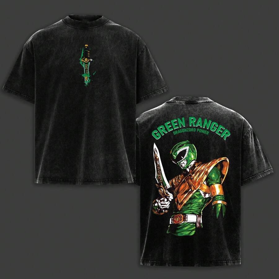 Camiseta de Algodón Estilo Streetwear con Diseño Gráfico de la Serie de TV Power Rangers, Edición Green Ranger, Doble Estampado, Talla Grande, Ligera, Lavada al Ácido, Ropa Clásica para Homb - Negro - Ver 1