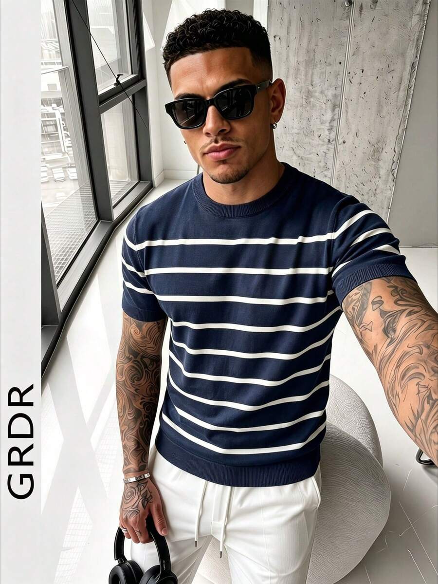 GRDR 男士夏季针织条纹短袖衬衫，适合夏季度假和休闲穿着