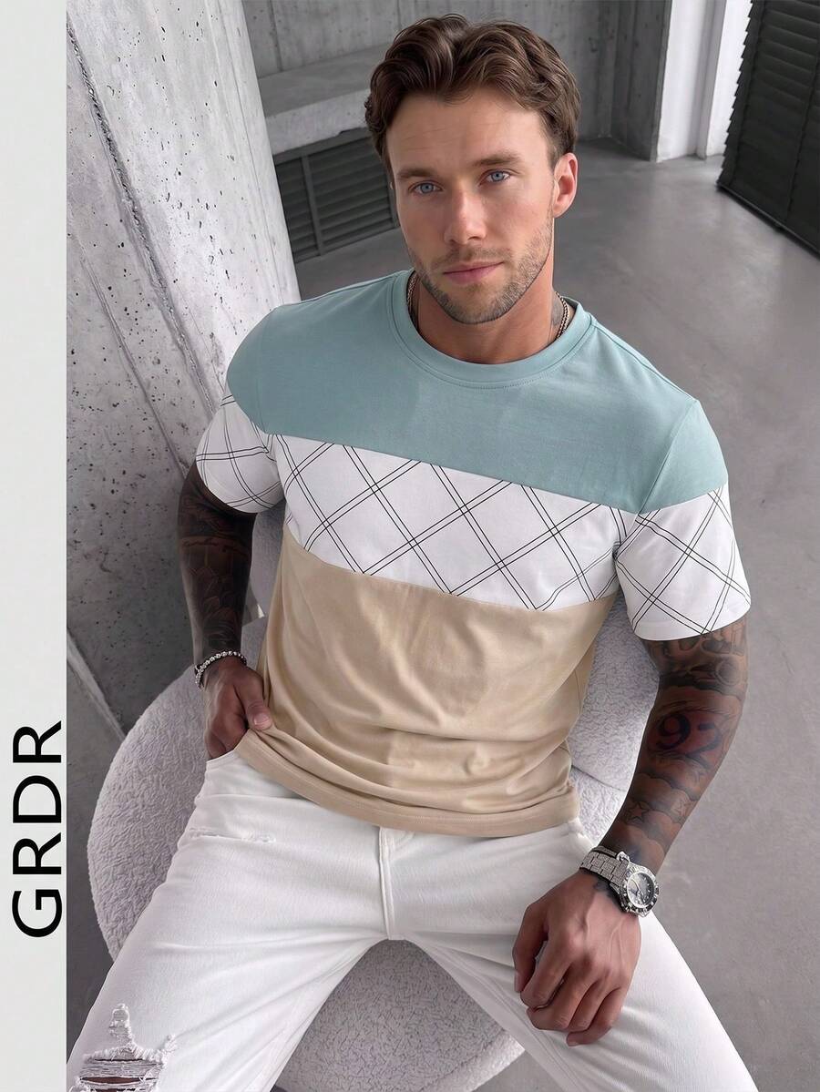 GRDR 1pc Men's Casual Contrast Color Round Neck Short Sleeve T-Shirt, Business Style, Summer - Blue and White - View 1