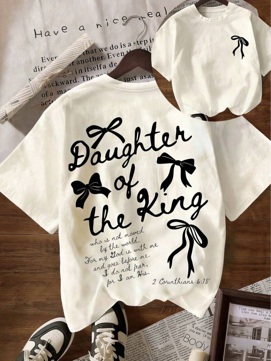 'The King's Daughter' Graphic T-Shirt, Women's Faith Clothing With Biblical Aesthetic, With Text Printed On The Back, Double-Sided 'Daughter Of The King' T-Shirt - 杏子 2 - 查看 1