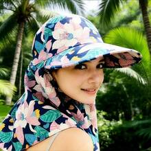 1 pieza Sombrero decorativo casual de poliéster con estampado, 2 piezas Sombrero de sol para mujer para primavera, jardinería, agricultura, exterior, ciclismo, playa, verano - Sombrero de sol integrado con estampado tropical - Ver 8