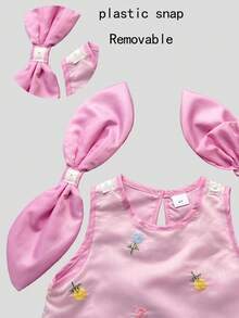 Girls Sweet Cute Mesh Floral Embroidery A-Line Dress With Detachable Bow, Pink Sleeveless Dress For Summer Vacation And Party Wear - Pink - View 4