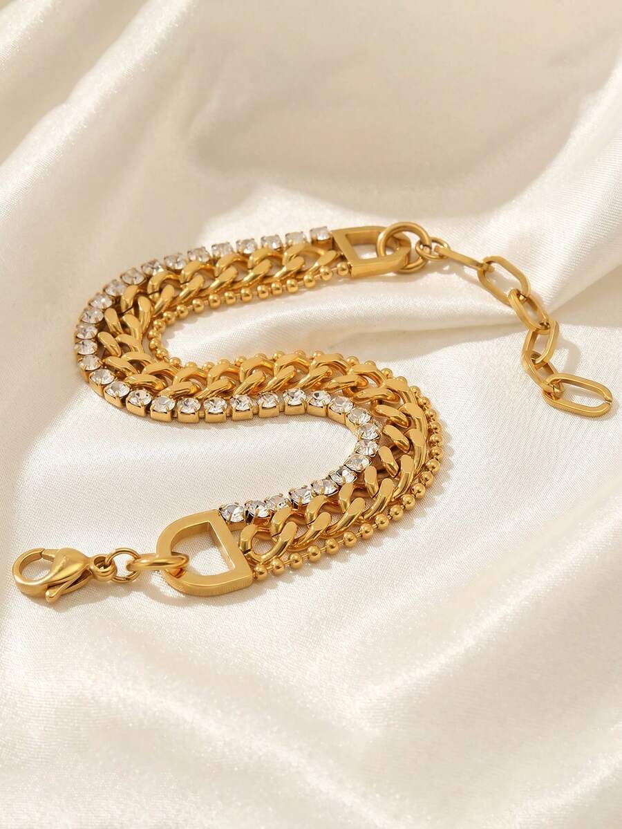 ZIRUISP Cuban Style Layered Women's Bracelet, Rhinestone Tennis Bracelet, Adjustable Stainless Steel Chain Bracelet, Fashion Jewelry Gift, Suitable For Daily Wear - Diamond-encrusted Cuban Three-layer Bracelet - View 1