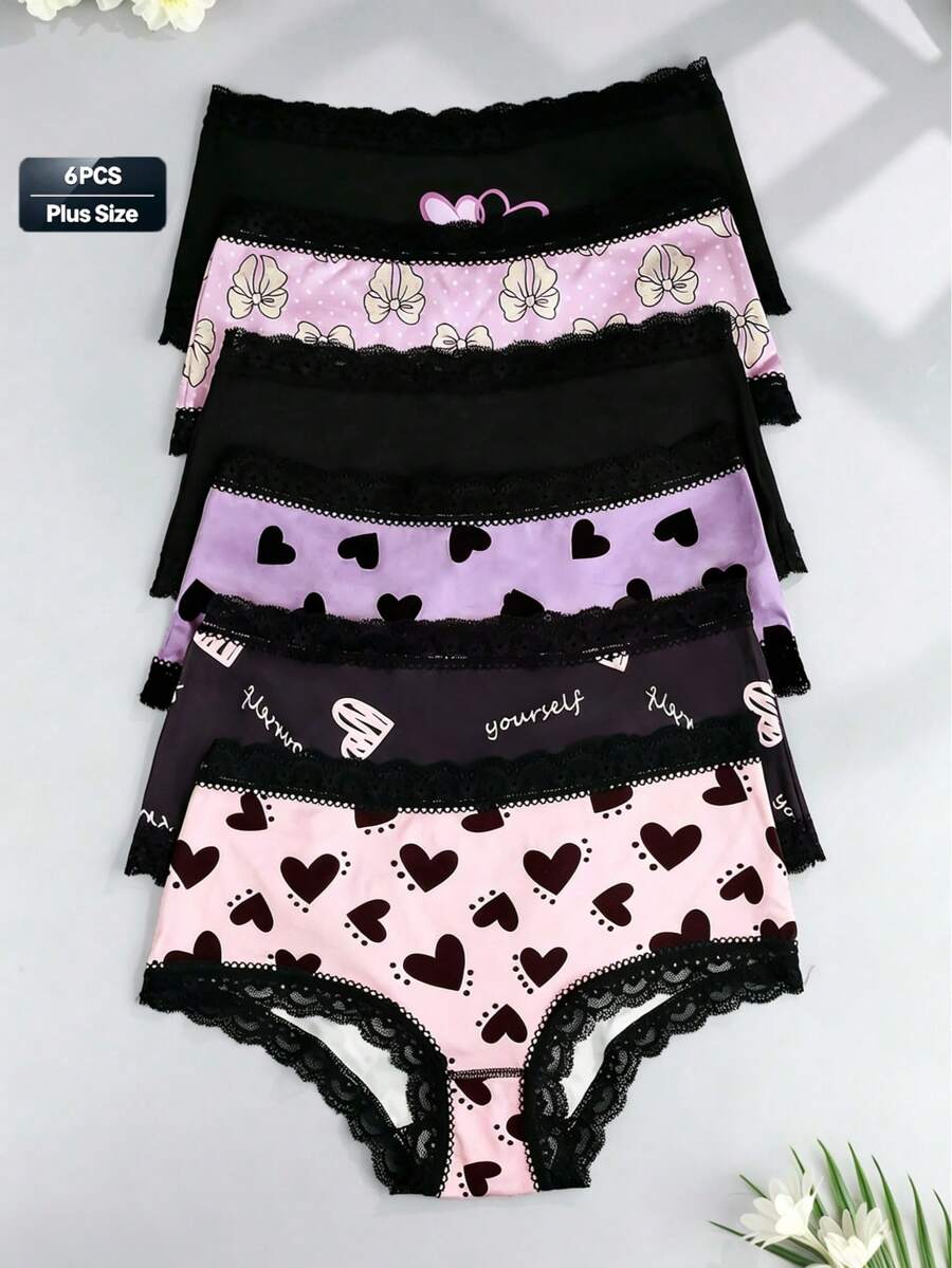 6PCS Plus Size Women's Lingerie Heart Bow Multi-Color Print Lace Patchwork Sexy Comfortable Women's Triangle Panties - Multicolor - View 1