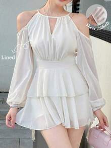 Vestido casual de mujer de unicolor elegante con mangas farol y hombros descubiertos - Rosa Pálido - Ver 2