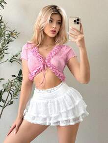 Minifalda blanca de lazo de unicolor estilo hawaiano Y2K para verano - Albaricoque - Ver 5