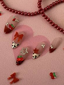 10pcs Women's Almond Shape Press-On Nails, Acrylic Fake Nails With Cherry, Bow, Star Nail Art Decor And Transparent Rhinestones, Nude Base Red French Tip Leopard Print Cute Almond Shape, Handmade Sweet Y2K Nail Stickers, Nail Art Supplies - Multicolor - View 5