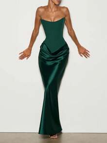 New Women's Sexy Strapless Backless Lace-Up Draped Fitted Dress, Elegant Formal Evening Gown For Wedding Bridesmaid And Formal Occasions - 墨綠色 - 查看 5