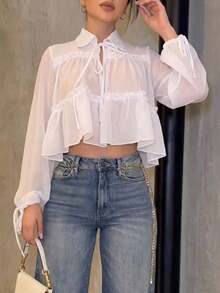 Camisa casual de mujer de manga larga y unicolor elegante, diseño asimétrico con parte delantera corta y parte trasera larga, cuello con lazo, manga farol suelta, estilo casual suelto y sexy - Blanco - Ver 1