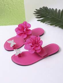1 Pair Hot Pink Women's Summer Floral & Rhinestone Butterfly Decor Toe Loop Flat Slide Sandals, Stylish Open Toe Casual Slippers - Hot Pink - View 8
