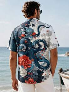 男士日式浮世绘章鱼印花短袖衬衫，夏季沙滩休闲纽扣衬衫 - 彩色 - 查看 4