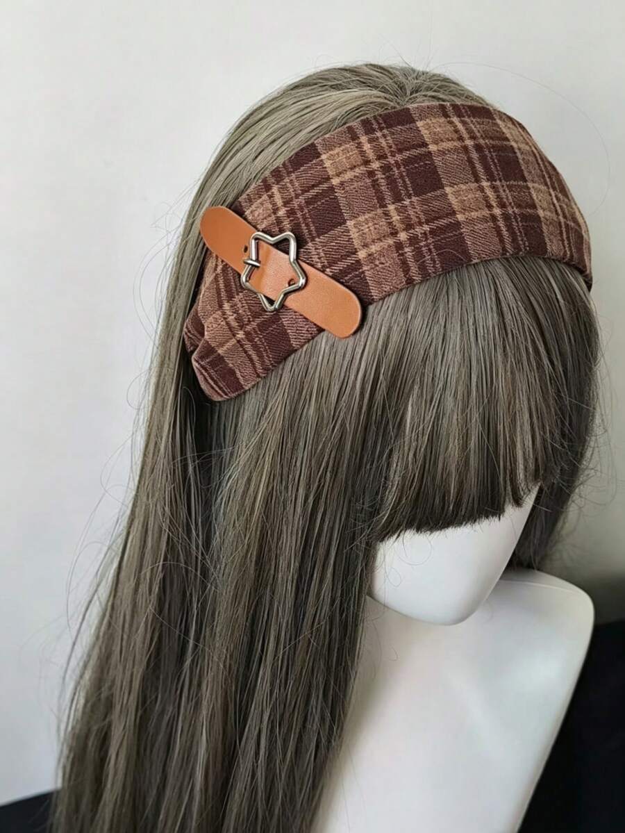 1 pieza Diadema de estilo Academia dulce y cool, tela a cuadros rojo y marrón con hebilla de estrella negra, diadema de vibración retro Y2K, estilo Academia, diadema de estilo dulce y cool, diseño ancho, adecuada para ir al trabajo, citas, convenciones de anime y talla grande. - Multicolor - Ver 1