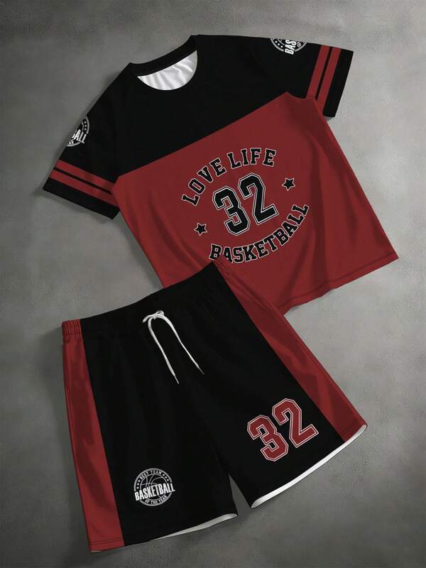 Men's 2 Pieces Outfit, Plus Size, Men's Shorts, Men's Patterned Shirt, Streetwear "Numbers & Basketball Badge" Graphic Sports Set - Polyester Fabric, Drawstring, Pockets, Suitable For Plus Size