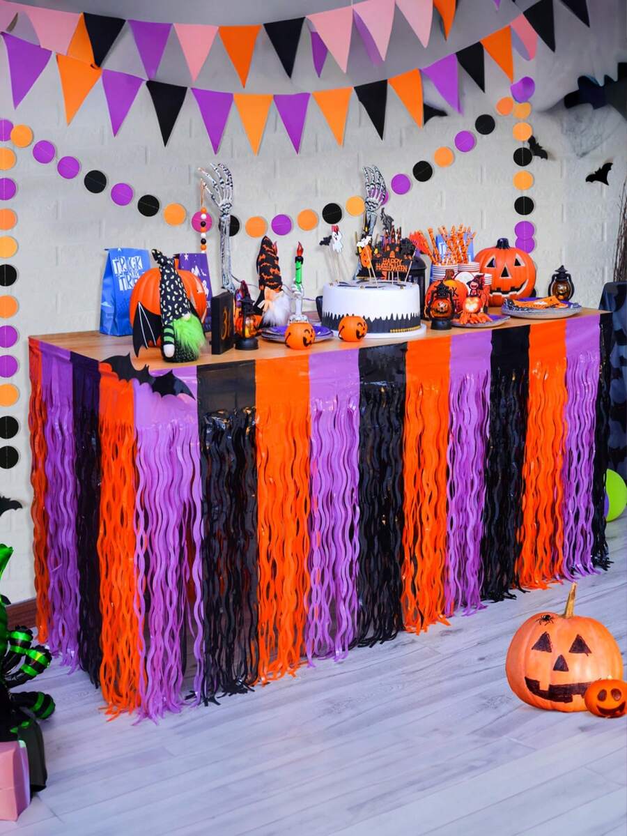 1pc Halloween Sequin Foil Tassel Table Skirt, Halloween Party Decoration, Suitable For Birthday, Back To School Party, Rectangular Round Table, Halloween Party Tabletop Decoration, Indoor Outdoor Party Supplies, Perfect Halloween Party Tabletop Decoration - A - View 1