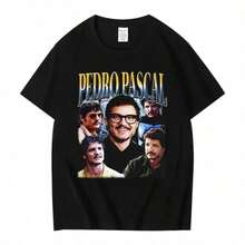 Graphic T-Shirt Of The Classic American Film And Television Actor Pedro Pascal For Men And Women, Made Of Cotton, Casual Style, Ideal For Summer And With A Vintage Touch. - 黑色 - 查看 1