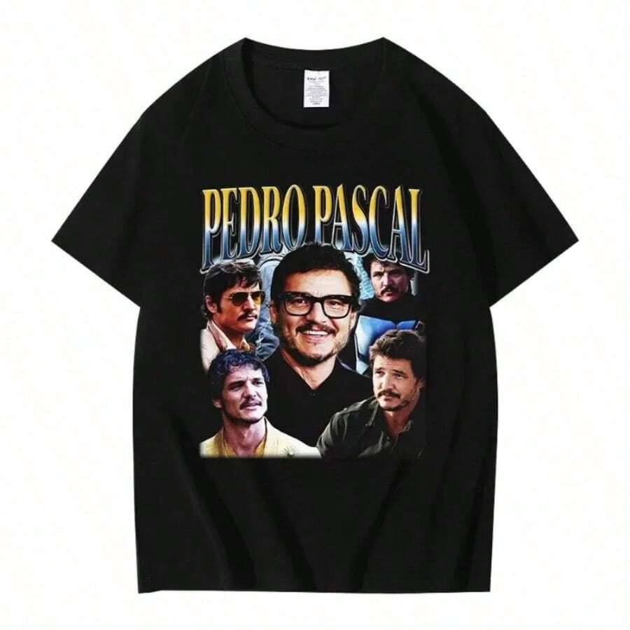Graphic T-Shirt Of The Classic American Film And Television Actor Pedro Pascal For Men And Women, Made Of Cotton, Casual Style, Ideal For Summer And With A Vintage Touch. - 黑色 - 查看 1