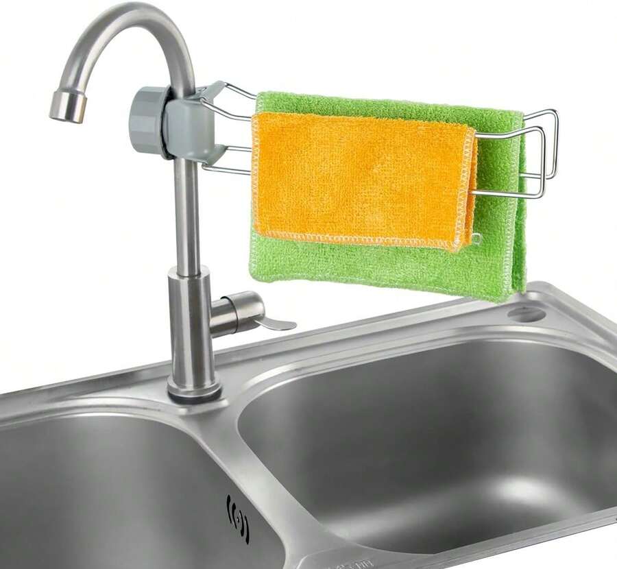 QIHS Kitchen Sink Towel Holder, Stainless Steel Dish Cloth Rack, Adjustable Faucet Mount Drying Hanger For Dishrag, Gloves, Gray - White - View 1