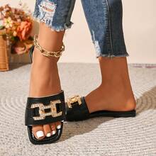1 Pair Preppy College Style Beach Party PU Leather Pure Metal Flat Slip-On Sandals, Summer Vacation - Black - View 6