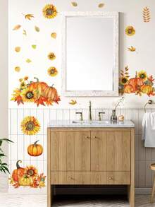 1pc Fresh Autumn Pumpkin Sunflower Maple Leaf Pastoral Style Removable Wall Decal For Kitchen Bedroom Living Room Decor - 1PC - View 5