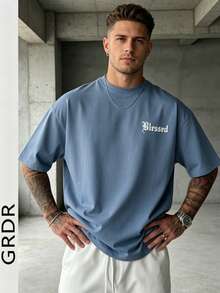 GRDR Men's Retro American Style Minimalist Letter Washed Round Neck Short Sleeve T-Shirt, Comfortable & Breathable For Summer - Dusty Blue - View 1