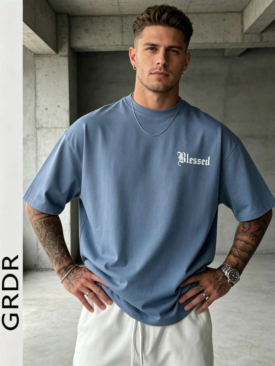 GRDR Men's Retro American Style Minimalist Letter Washed Round Neck Short Sleeve T-Shirt, Comfortable & Breathable For Summer - Dusty Blue - View 1