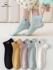 5 Pairs Women's Short Socks, Low-Cut Invisible Socks, Mid-Calf Cartoon Embroidered Socks, Style - Multicolor - View 1
