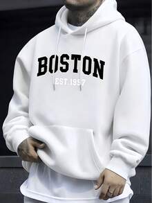 Men's Hoodie With BOSTON Letter Print, Casual Men's Sweatshirt. - 白色 - 查看 7