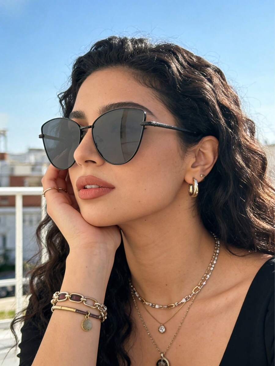 金屬貓眼女款裝飾眼鏡,新款歐美時尚貓眼時尚眼鏡,個性街頭風女款時尚眼鏡,跨境時尚 - 黑色 - 查看 1