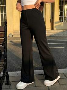 Girls Solid Black High Waist Flare Pants, Elastic Waist Stretchy Slim Bootcut Trousers, Tween Girl Casual Daily Bottoms - Black - View 2