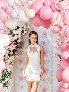 152Pcs Black And White Foil Balloon Arch Set With Bows; Simple And Elegant Decoration, Suitable For Adults And Women For Birthdays, Anniversaries, Holiday Decorations, And Indoor Party Backdrops. - 粉色 - 查看 3