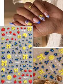 QIANJIKU Sweet Style 5D 3D Embossed Nail Art Stickers, Red Strawberry Cherry Yellow Bow, Summer Picnic Music Festival Salon Nail Artist Supplies - Multicolor - View 4