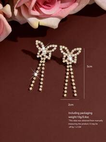 1 Pair Shiny Rhinestone Butterfly Chain Drop Earrings, Fashion Tassel Ear Jewelry, Suitable For Nightclub, Date And Festival Celebration, Birthday Gift - Multicolor - View 7
